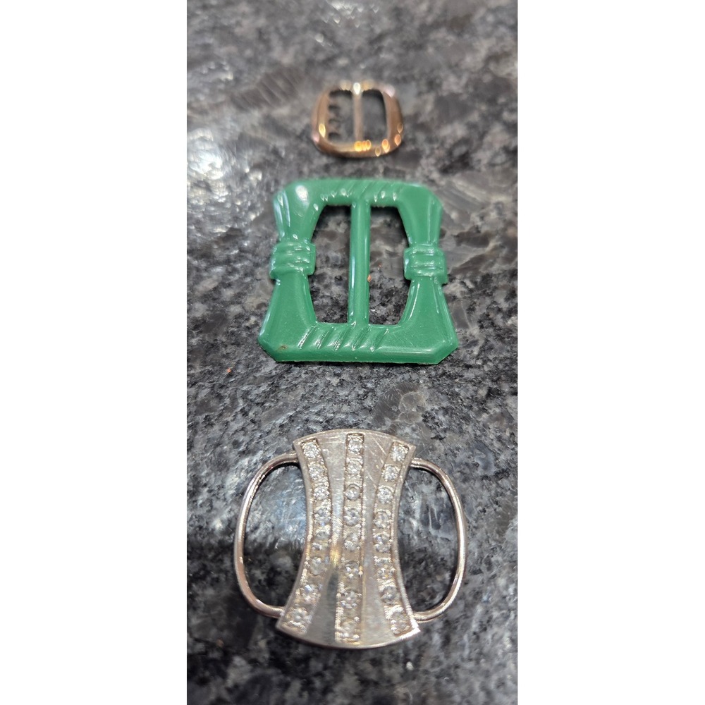 Antique 1930s Art Deco Metal Buckle Lot - Rhinestone Shield & Enameled Green Tin